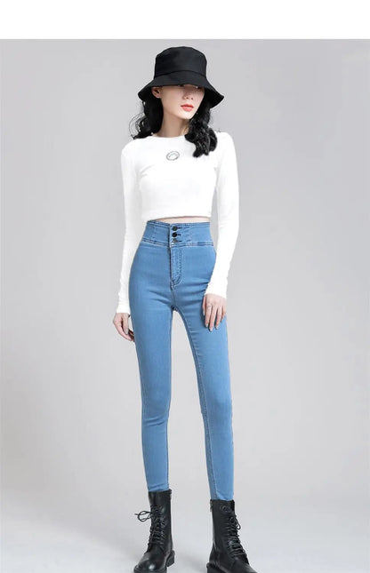 Korean Women High Waist Skinny Jeans Spring Autumn Streetwear Fashion Slim Trousers Denim Solid Button Casual Pencil Pants 2022