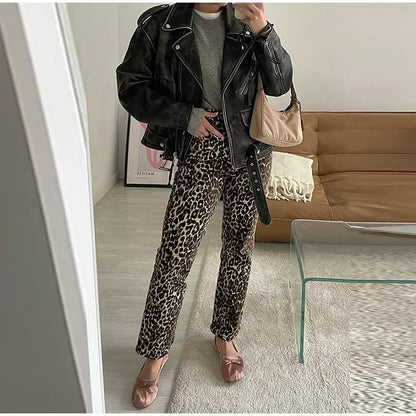 High-Waisted Leopard Print Denim Jeans for Women Retro Slim Straight Leg Trousers Vintage Y2k Hip Hop Streetwear Lady Fashion