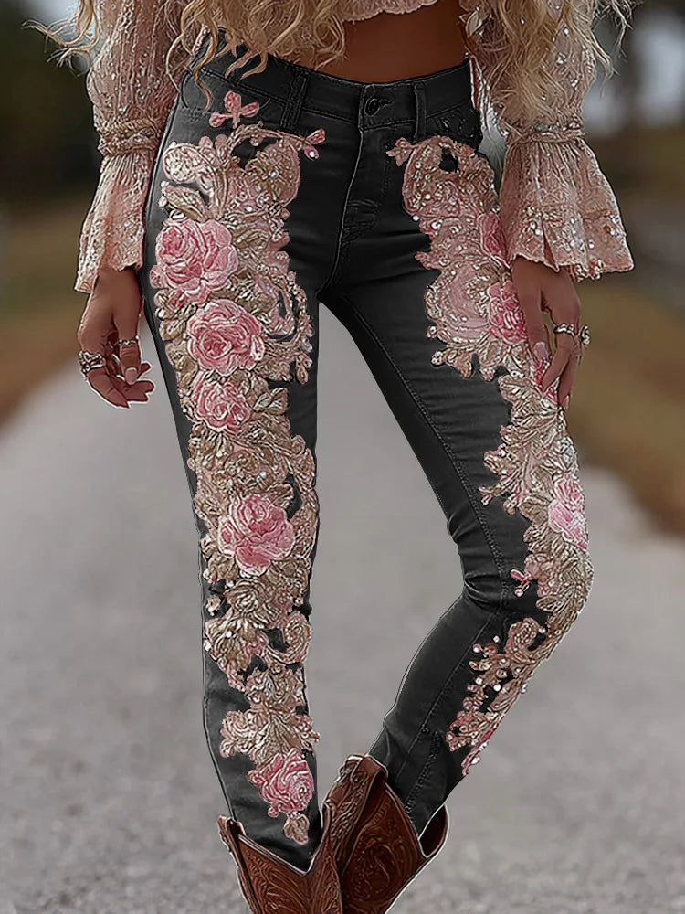 Women's Fashion Casual 3D Floral Print Straight Jeans Denim Bottoms