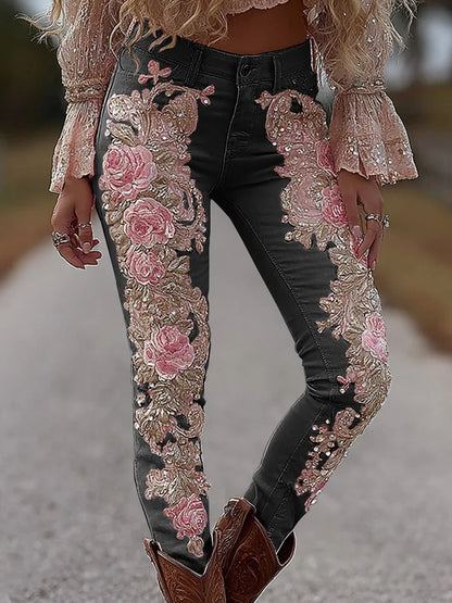 Women's Fashion Casual 3D Floral Print Straight Jeans Denim Bottoms