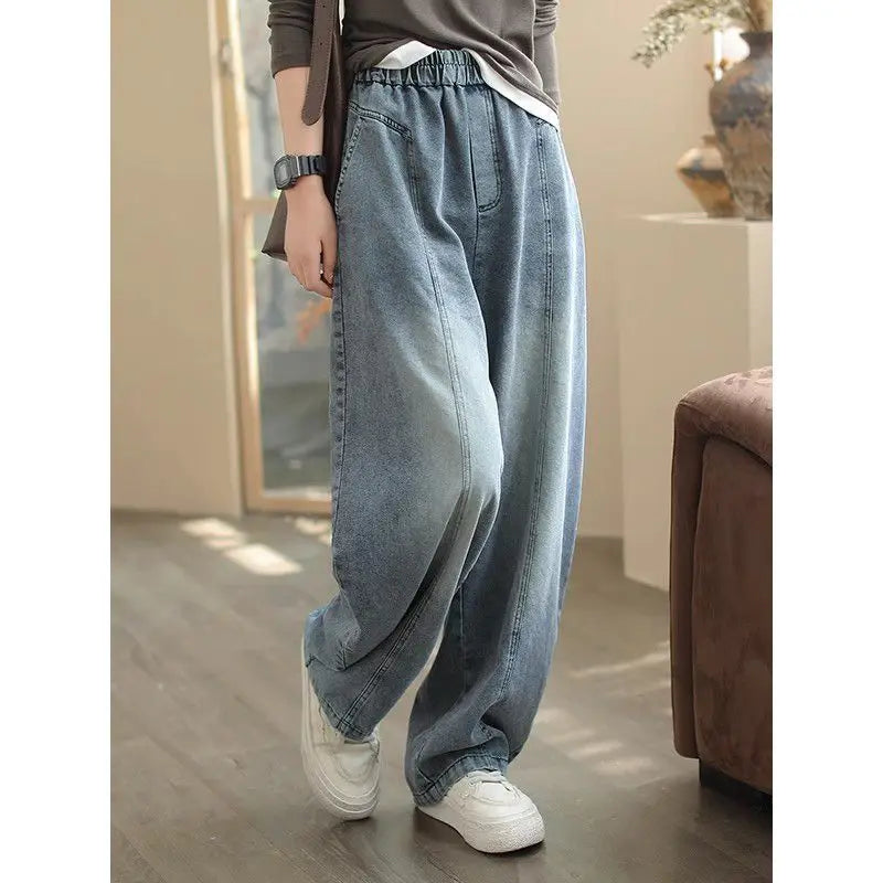 Elastic Waisted Jeans  New Loose Casual Straight Leg Women's Wear    Haren Pants