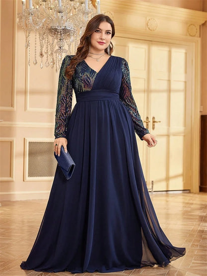 Plus Size Luxury Chiffon Long Sleeve Evening Dresses Women Sequin Red Wedding Party Cocktail Prom Floor Lenght Gowns