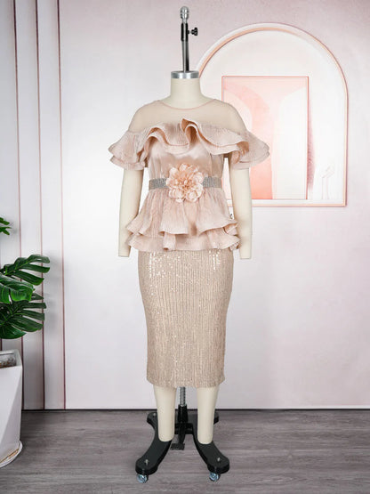 2026 New Plus Size European African Evening Dress Turkish Sequin Ruffle Long Dress Women Elegant Wedding Party Gown