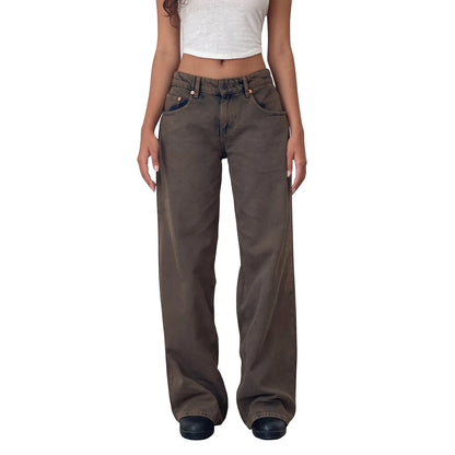 Women's versatile jeans, aesthetic solid color low rise zipper button trousers with pockets for everyday street wear