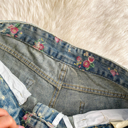 Women's Fashion Floral Print Denim Pants Colorful Flower Wide Leg Trousers Female Spring Autumn Versatile High Waist Blue Jeans