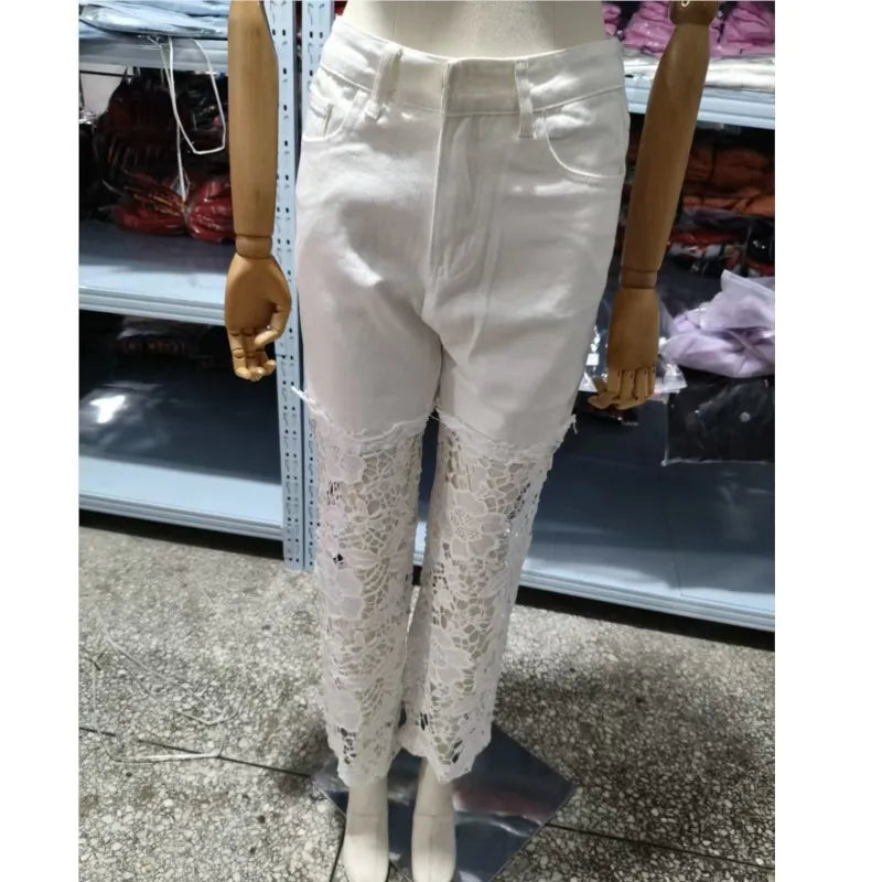 Fashion Elegant Jeans for Women High Waist Lace Patchwork Pantalones Hollow Out Oversized Spring Casual Loose All Match Pants