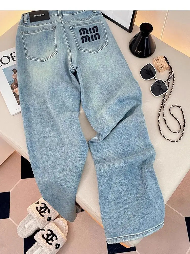 Letter Embroidered Straight-leg Jeans Women's Spring New High-waisted and Thin Loose Light Blue Straight-leg Pants