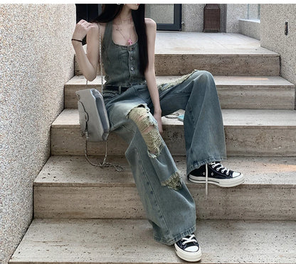 Women's Casual Denim Overalls Vintage Button Down Sexy Backless Holes Hollow Out Ripped Denim Full Pants Female 2024 New Jeans