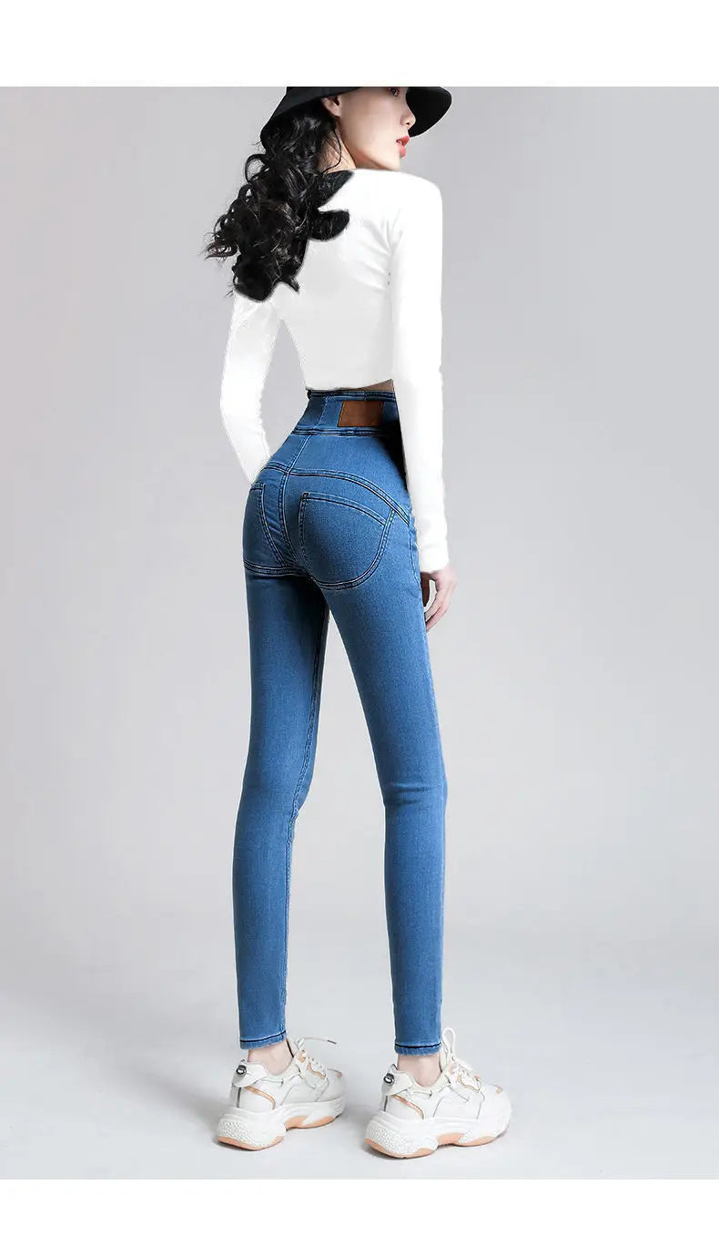 Korean Women High Waist Skinny Jeans Spring Autumn Streetwear Fashion Slim Trousers Denim Solid Button Casual Pencil Pants 2022