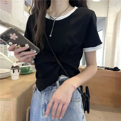 Women's Tops Trendy French Niche Girls T-shirts Chic Irregular Splicing Contrasting Colors Korean Style Modification Ins Style