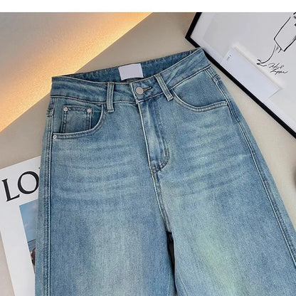 Letter Embroidered Straight-leg Jeans Women's Spring New High-waisted and Thin Loose Light Blue Straight-leg Pants