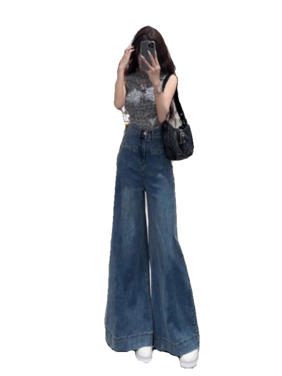 Blue Wide-leg Jeans for Women in Spring and Summer 2025 New High Waist Droop Loose Retro Big Horn Floor Trousers