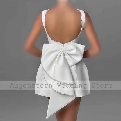 Customized Mini Civil Wedding Dresses Satin A-Line Wedding Party Gowns White O-Neck Pearls Bow Backless Short Bridal Dress 2026