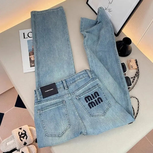 Letter Embroidered Straight-leg Jeans Women's Spring New High-waisted and Thin Loose Light Blue Straight-leg Pants