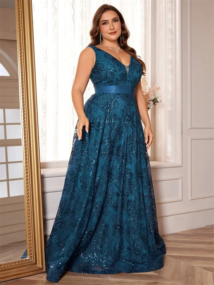 Plus Size Luxury Deep V-Neck Sequins Blue Evening Dress Women Elegant V-back Wedding Party Long Prom Cocktail Dresses