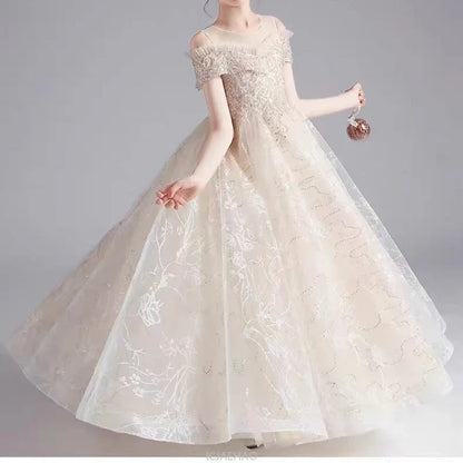 Long Dress 2025 Flower Girl Wedding Dresses Children GirlsGown Costume Kids Host Piano Outfits Birthday Party Vestido Princess