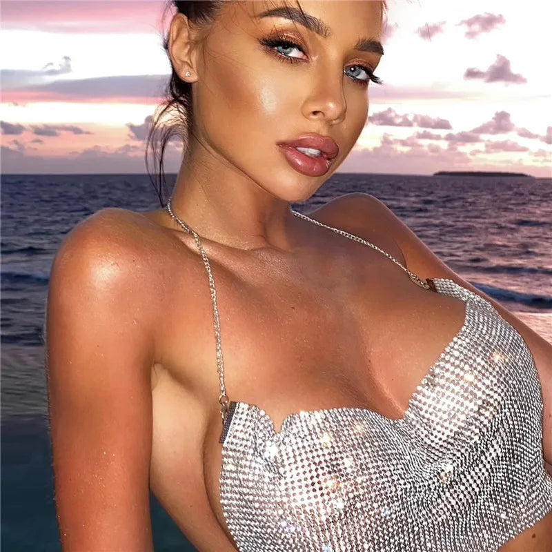 Shiny Rhinestone Tank Tops For Women Sexy Deep V Neck Backless Crop Tops For Women Rave Party Nightclub Camisole Y2K New