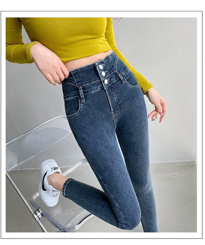 New Women's High Waist Stretch Jeans Blue Black Gray Fashionable and Versatile Multi-button Popular Slim Denim Long Pants Female