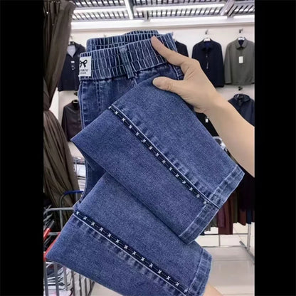 Fashion Women Jeans 2025 New Spring Autumn Korean Wild Elastic Waist Straight Denim Pants Female Trousers Female
