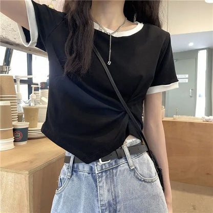 Women's Tops Trendy French Niche Girls T-shirts Chic Irregular Splicing Contrasting Colors Korean Style Modification Ins Style