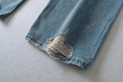Women's Destroyed Jeans 2025 Spring Summer High Waist Loose Leg Floor-Length Distressed Denim Vintage Daily Staple