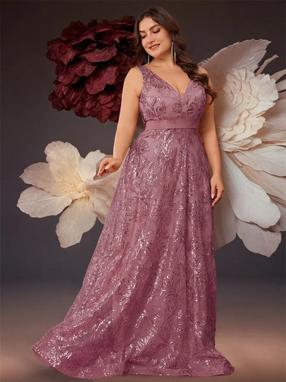 Plus Size Luxury Deep V-Neck Sequins Blue Evening Dress Women Elegant V-back Wedding Party Long Prom Cocktail Dresses