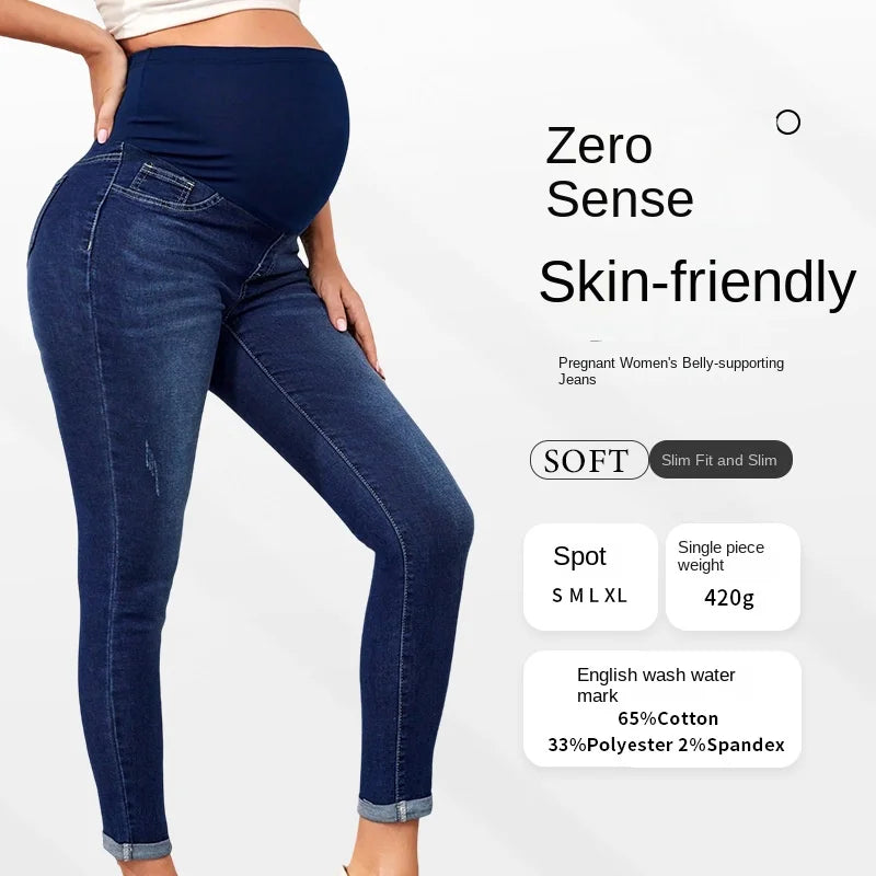 Maternity Women High Waist Support Belly Jeans Fall Pregnant Hip Lifting Elastic Denim Pants Daily Work Wear Streetwear Trousers