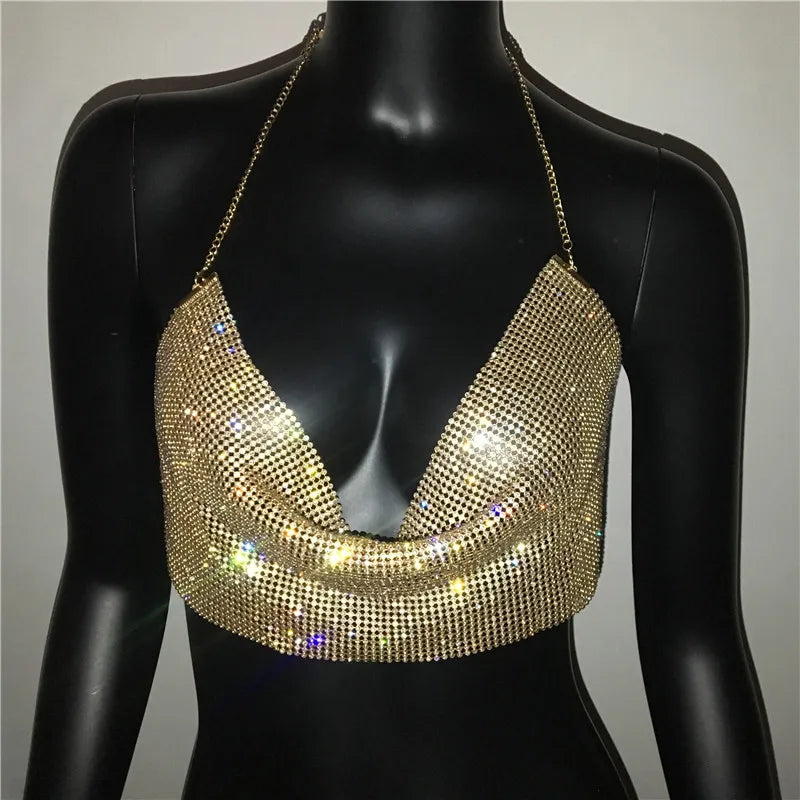 Shiny Rhinestone Tank Tops For Women Sexy Deep V Neck Backless Crop Tops For Women Rave Party Nightclub Camisole Y2K New