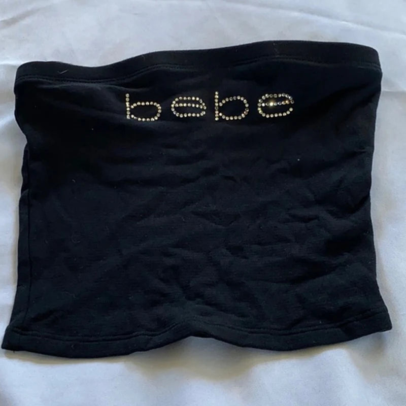 Women Letter Rhinestone Crop Tops Summer Street Style Sleeveless Strapless Ribbed Tube Tops Base Vest Tops Backless Tank Tops