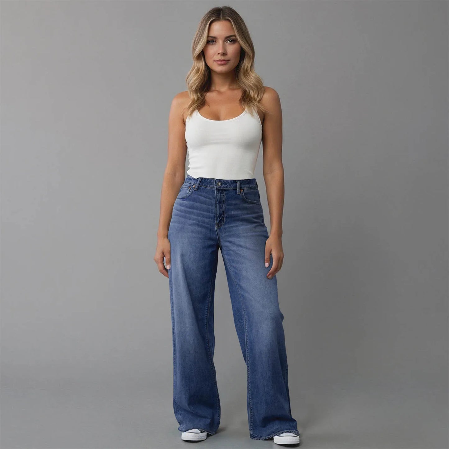 Hot Sale Women's High Waisted Jeans Stretchy Flared Straight Leg Denim Pants Solid Color Loose Trendy Comfortable Denim Pants