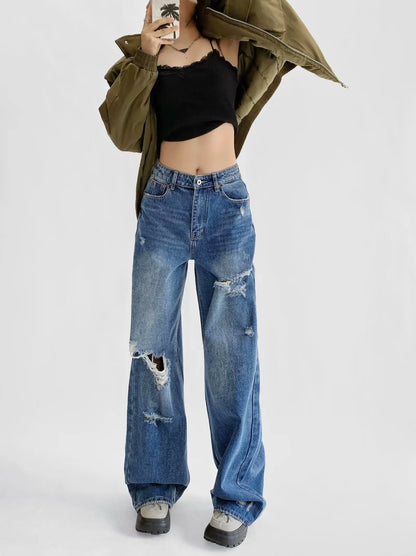 Women's Destroyed Jeans 2025 Spring Summer High Waist Loose Leg Floor-Length Distressed Denim Vintage Daily Staple