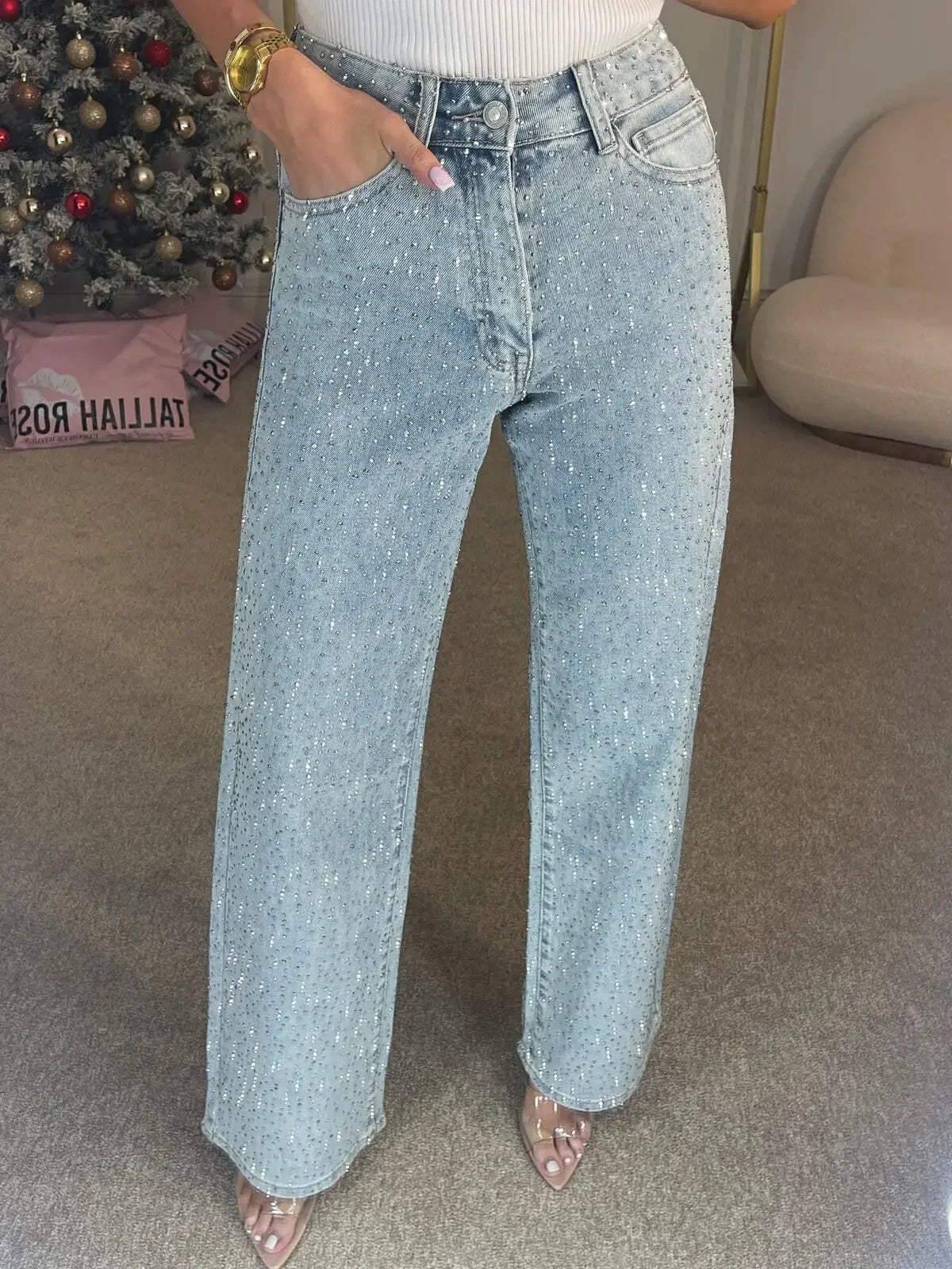 Women's full diamond washed denim jeans women's high-end high waisted straight leg pants spicy pants