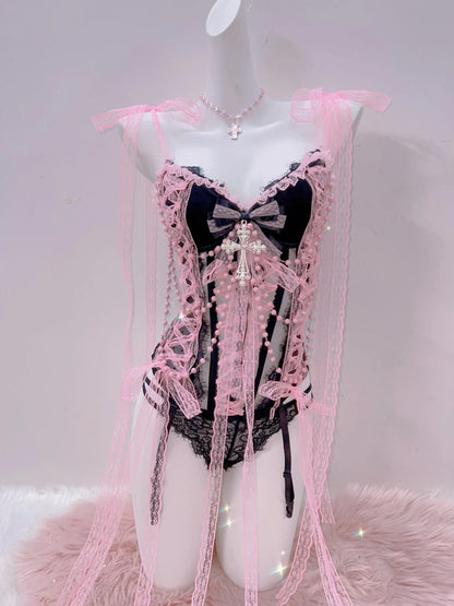 Cross Tank Tops Lace Tank Tops Pink crop top  gothic  tank tops  y2k tops y2k fashion LolitaTank TopsKawaii Tank Tops   bow tops