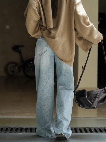 Retro polished white washed denim jeans with a natural feel, neat straight leg casual pants for women