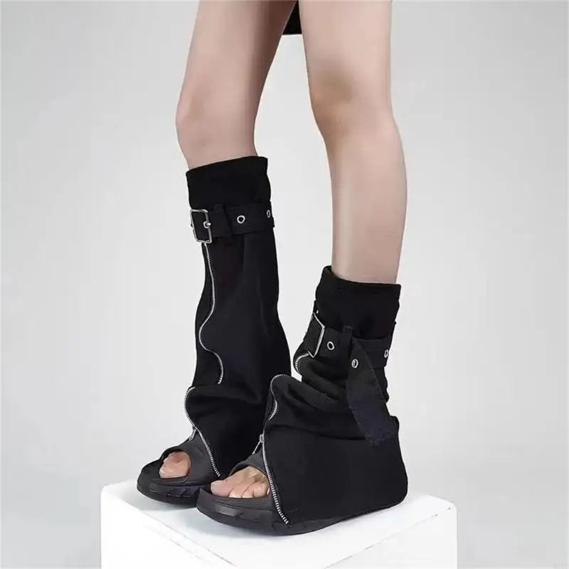 Women Jeans Black Leg Warmers with Buckled Straps Punk Denims Flared Boot Cover Slit Zippers Baggy Long Socks Streetwear