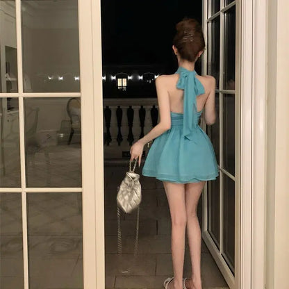 Women Sexy Halter Mini Dress Elegant A-line Puffy Hem Slim Fit Backless Ruffle Sleeveless Summer Party Vacation Wedding Outfit