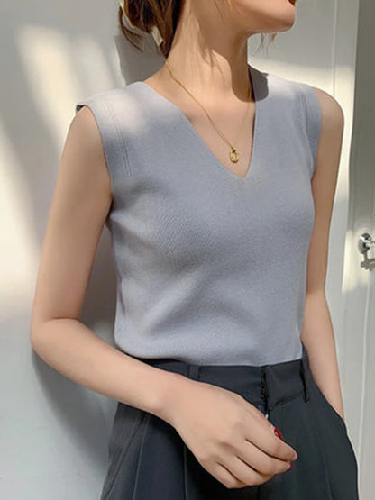 AOSSVIAO 2025 Summer Women Knitted Tank Tops Women Thin Tops Basic Casual Tank Tops V-neck Tees Sleeveless Tops For Women