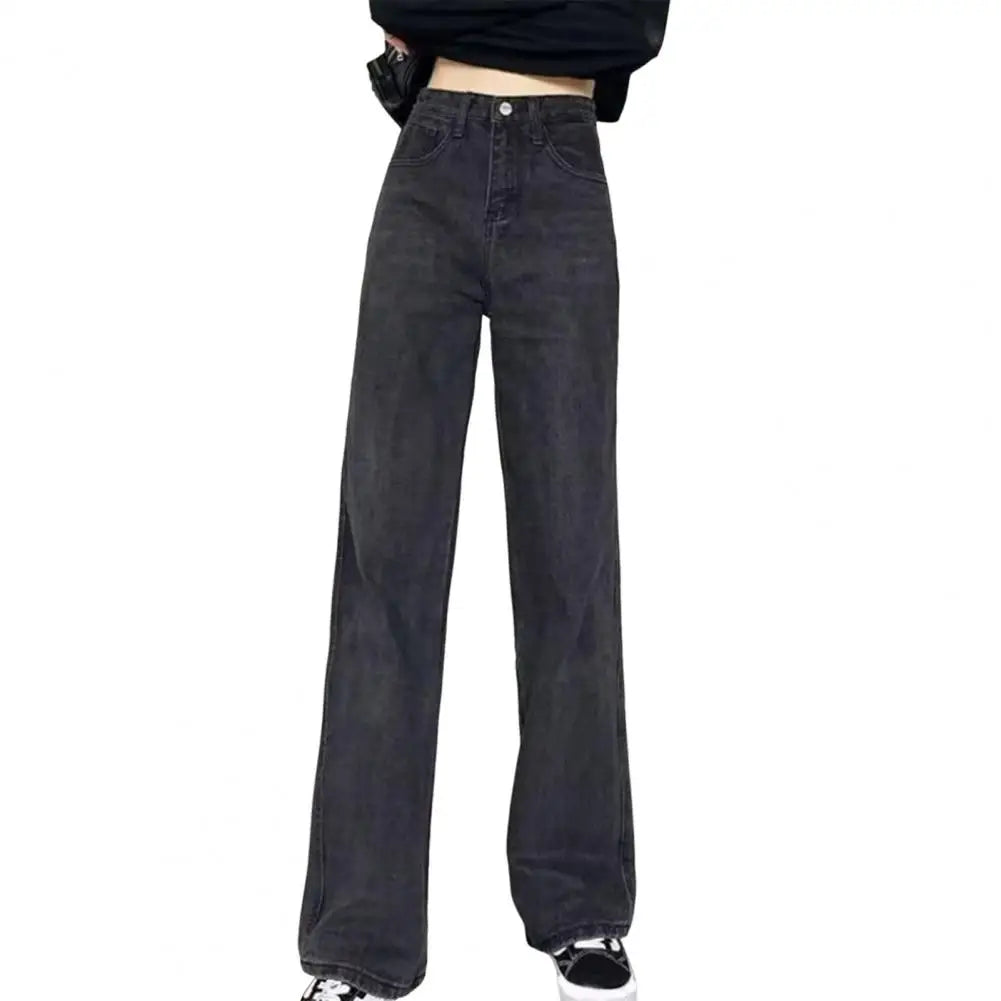 Women Jeans with Pockets High Waist Button Zipper Closure Straight Pants Vintage Denim Trousers for Daily Wear Scool Commuting
