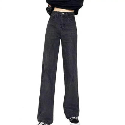 Women Jeans with Pockets High Waist Button Zipper Closure Straight Pants Vintage Denim Trousers for Daily Wear Scool Commuting