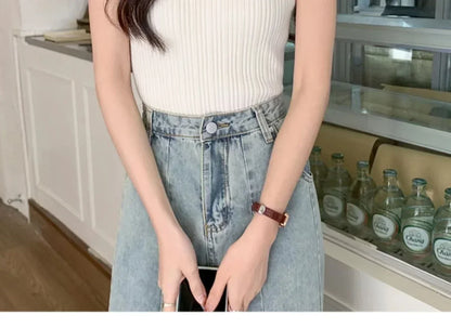 Sleeveless Blouse Shirt Women O-neck Rib Knit Vest Tank Plain Vest Tops Summer Female Basic Casual Tops Outfit