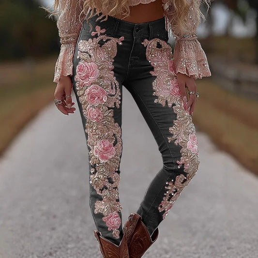 Women's Fashion Casual 3D Floral Print Straight Jeans Denim Bottoms