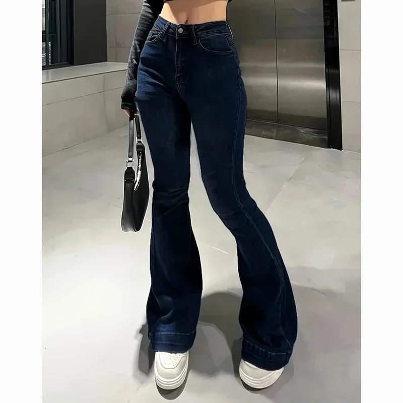 Women High Waist Flare Jeans Lady Fashion Comfortable Bootcut Denim Pants Female Slim Fit Bell Bottoms Retro Blue Nice Trousers