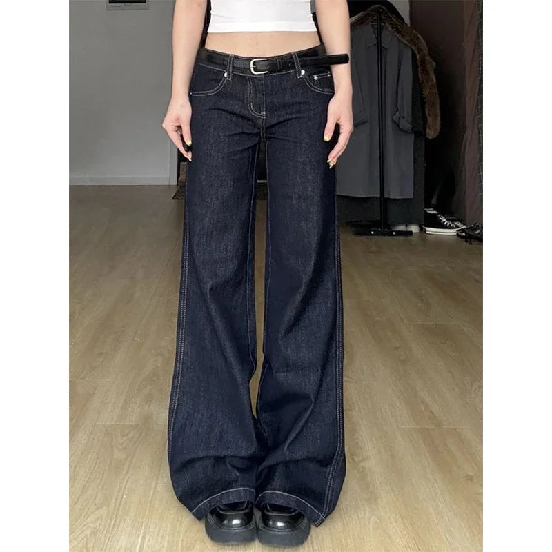 Blue Jeans Women's Hip-hop Fashion Vintage Streetwear Y2K Wide Leg Straight Jean High Waist Trouser Classic Baggy Denim Pants