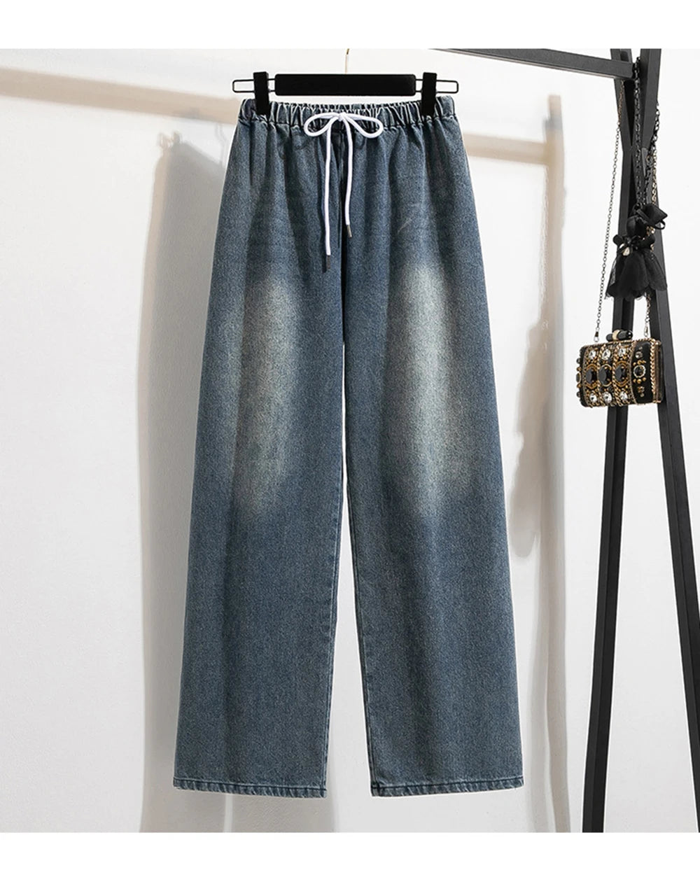 Oversized Jeans Women's 2025 New Spring Autumn Elastic Waist Lace-up Loose Gradient Wide Leg Long Female Denim Pants