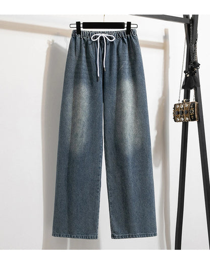 Oversized Jeans Women's 2025 New Spring Autumn Elastic Waist Lace-up Loose Gradient Wide Leg Long Female Denim Pants