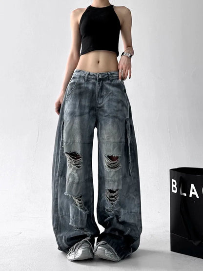 Women Tie Dye Ripped Jeans Woman Abandoned Soil Style Wide Leg Pants Summer Loose Workwear Denim Retro Vintage Trousers