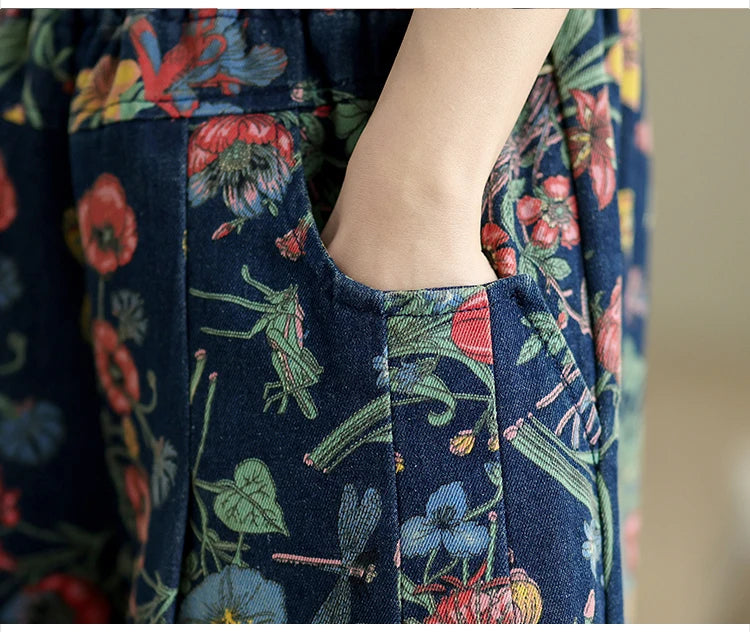 Jeans Flower Floral Print Autumn Wide Leg Pant Women Loose Pleated Fashion Ladies Oversized Trousers Elastic Waist Woman Pants