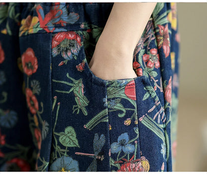 Jeans Flower Floral Print Autumn Wide Leg Pant Women Loose Pleated Fashion Ladies Oversized Trousers Elastic Waist Woman Pants