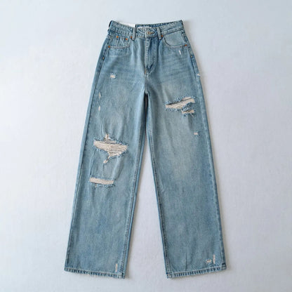 Women's Destroyed Jeans 2025 Spring Summer High Waist Loose Leg Floor-Length Distressed Denim Vintage Daily Staple
