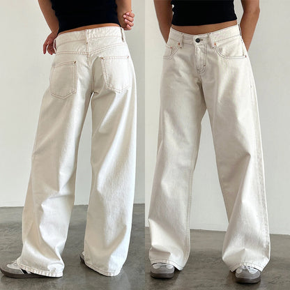 Women's versatile jeans, aesthetic solid color low rise zipper button trousers with pockets for everyday street wear